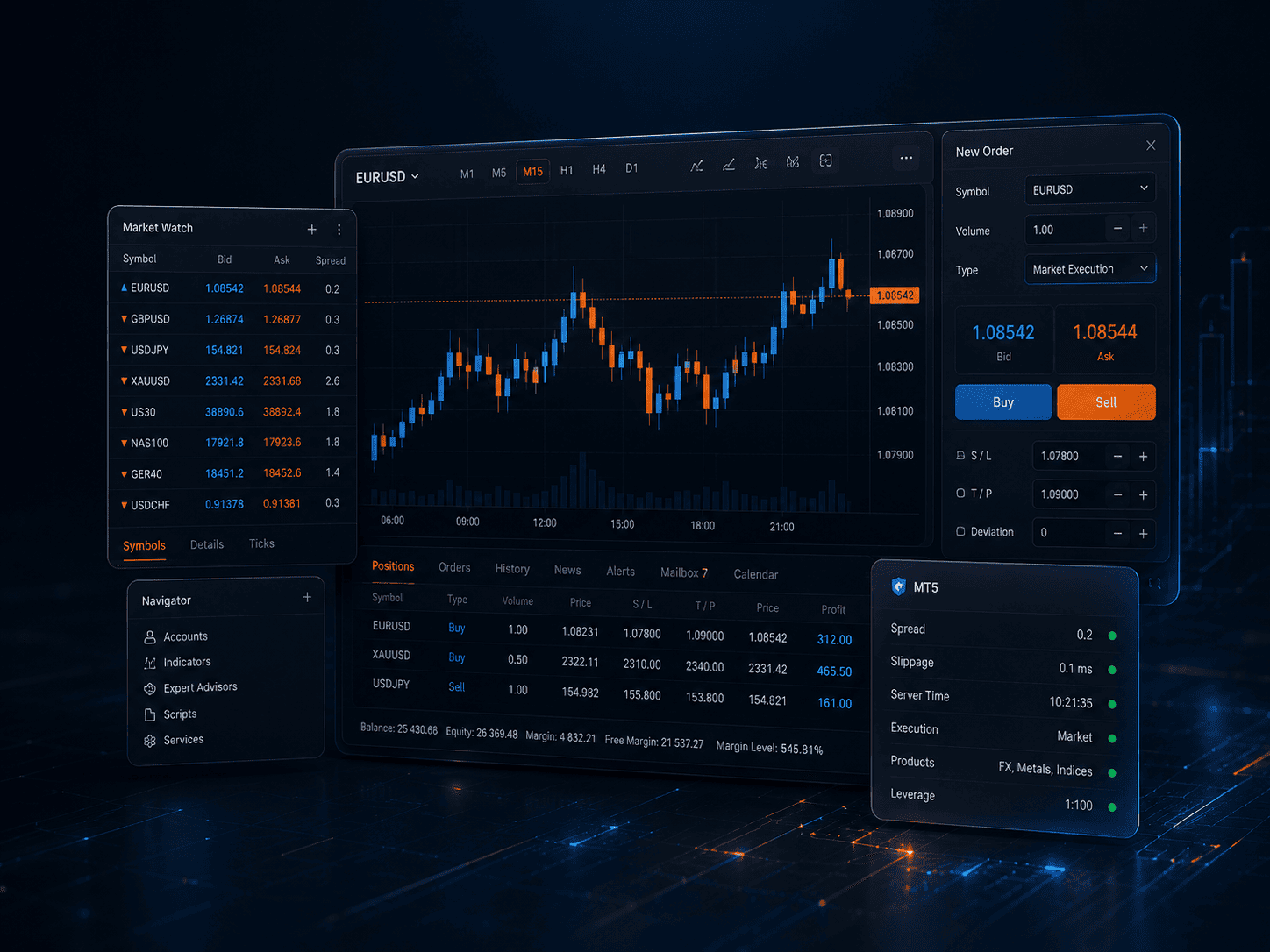 AIFO platform and execution checklist showing MT5 access, spreads, server time and trading conditions