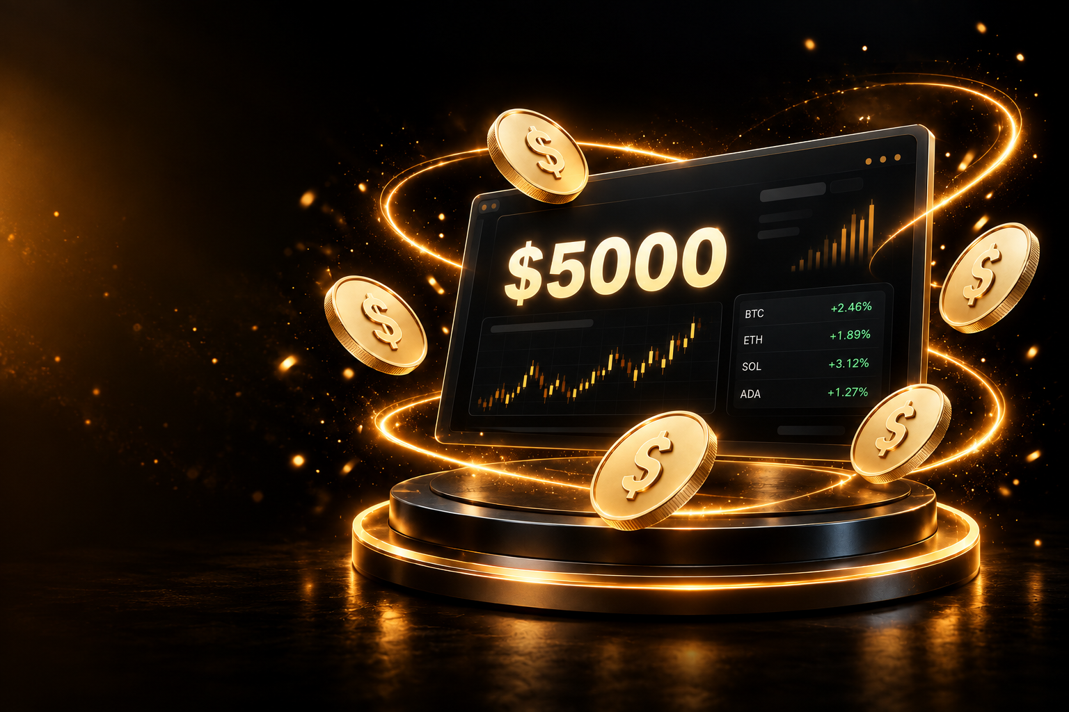 $5,000 Instant Account trading dashboard with gold coins