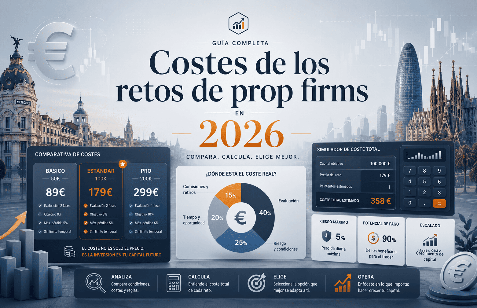 Costes de los retos de prop firms en 2026: precio real, spreads y pagos