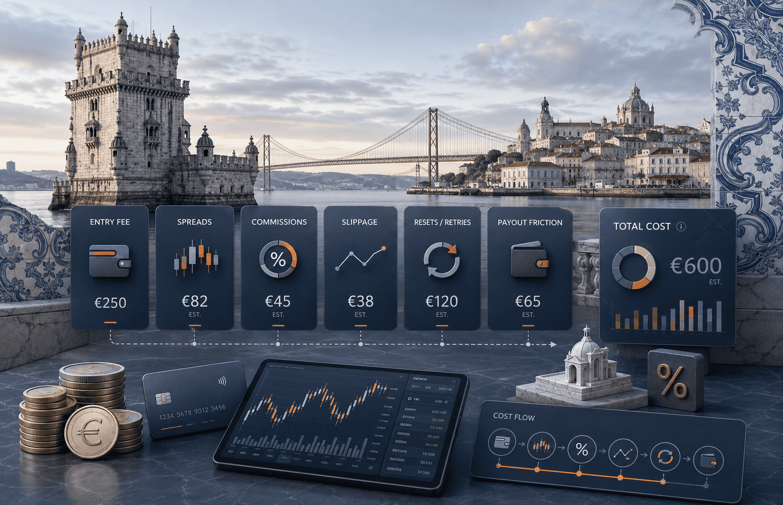 Custos de desafios de prop firms em 2026: taxas, spreads e payout