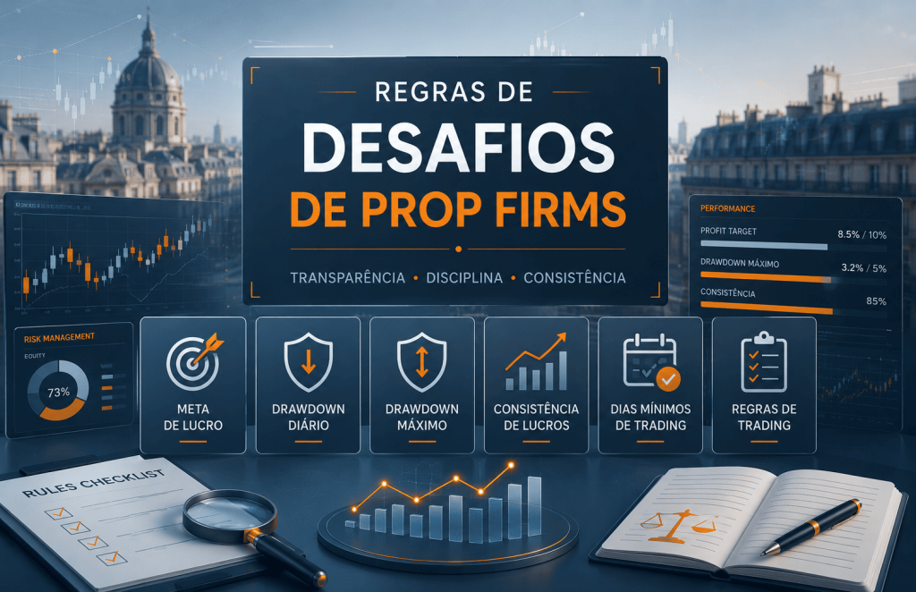 Regras de desafios de prop firms: drawdown, consistência e payout